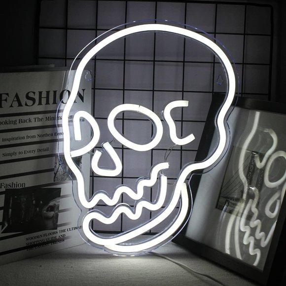 Neon White Skull Emo Goth Halloween Party Holiday Room Dorm Light LED Wall Decor - Picture 2 of 6